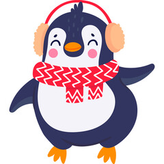 Cute cartoon penguin wearing earmuffs and a red scarf with white zigzags in a joyful pose with closed eyes and rosy cheeks perfect for winter themes