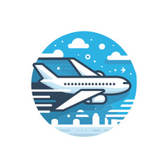 airplane flying over a city skyline against a blue sky with clouds.