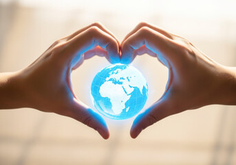 Hands Holding Blue Globe in Heart Shape for International Volunteer Day