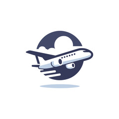 airplane logo with a white plane taking off against a dark blue circular sky with clouds, representing travel and aviation.