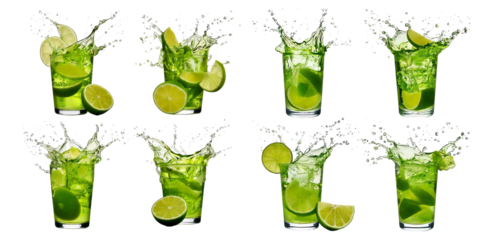 Refreshing Green Cocktails with Fresh Lime Splashing in Glasses, Isolated on Transparent, white background