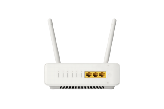 Modern white wireless router with two antennas and three ethernet ports isolated on a black background studio shot