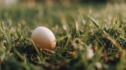 Single light brown poultry ovoid rests nestled in vibrant green lawn blades under natural light