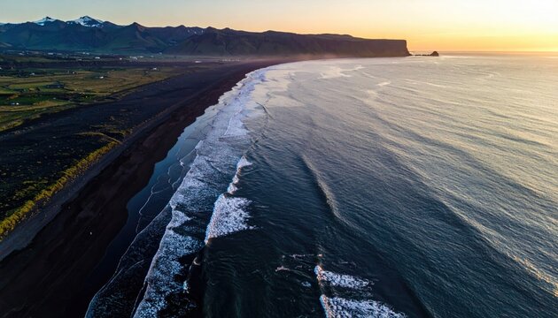 Serene Ocean Sunrise Gentle Ripples Pastel Sky Long Exposure Coastal Landscape with Distant Hillside Town