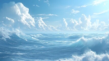 Serene ocean waves under a bright blue sky with fluffy clouds, perfect for relaxation and inspiration