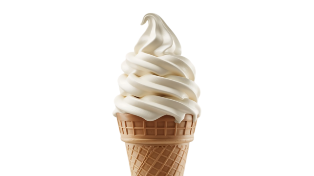 A tall creamy vanilla soft serve ice cream cone with a perfectly swirled top and dripping slightly against a stark black background