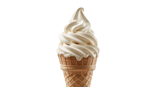 A delicious creamy vanilla soft serve ice cream cone with a waffle cone isolated on a black background studio shot