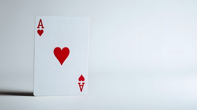 Single playing card showing the ace of hearts stands upright on a pale surface