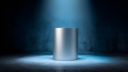 Cylindrical pedestal stands illuminated by dramatic blue spotlight in dark room