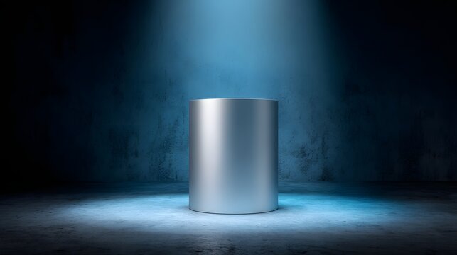 Cylindrical pedestal stands illuminated by dramatic blue spotlight in dark room