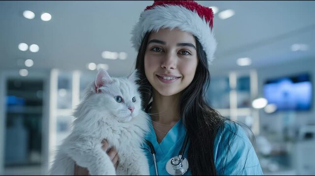 A smiling young female veterinarian in a medical pantsuit, with a stethoscope and a Santa hat, stands in a veterinary office, holding a fluffy white cat in her arms