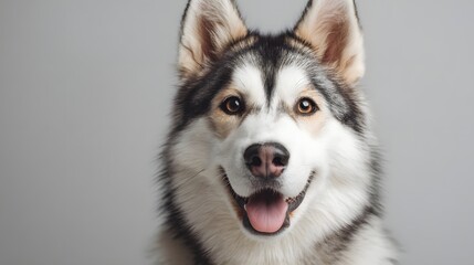 Happy husky dog portrait exhibits alert expression against a solid background