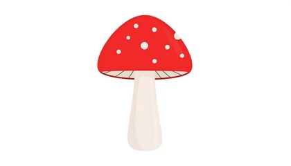 A digitally created mushroom illustration isolated on a white background. Features a vibrant red cap adorned with white dots. It has a tan colored stem and gills underneath the cap