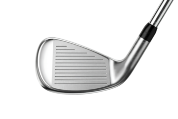 Close up detailed studio shot of a modern golf iron club head with horizontal grooves on a black background