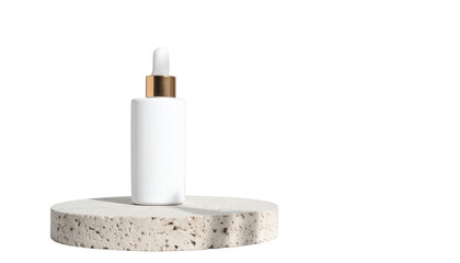 White Serum Bottle on Stone Pedestal for Skincare Product Display.
