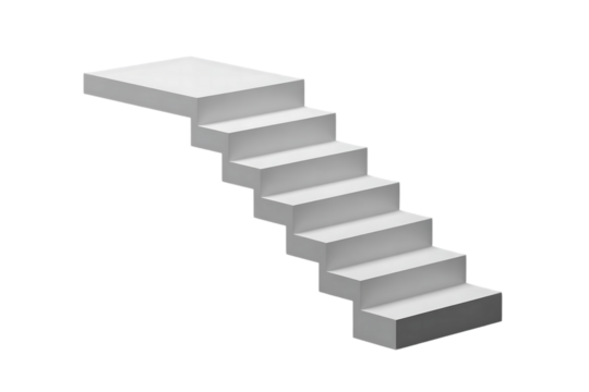 Clean white staircase ascending upwards against a stark black background symbolizing progress opportunity and the path forward
