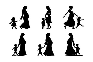 Obraz premium Collection of Pregnant Women Silhouettes with Child Walking Together in Various Poses