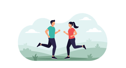 Fototapeta premium Young athletic man and woman jogging together outdoors for fitness.