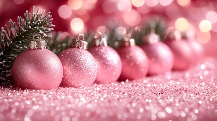 Fototapeta premium Shimmering pink Christmas ornaments are arranged on a soft surface, surrounded by a sprinkle of glitter and soft glowing lights, creating a cheerful holiday atmosphere.