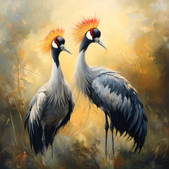 Crane Birds,  "Pair of Beautiful Crane Birds in the Wild", "Wild Cranes in Their Natural Habitat", "Stunning Cranes with Fiery Plumage", "Cranes in the Golden Sunlight", "Majestic Cranes in a Tranquil