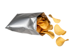 Crispy golden potato chips spilling out of a shiny silver foil bag against a stark black background a tempting snack