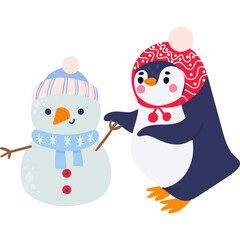Cute Penguin Character Standing Next To A Snowman Both Wearing Winter Hats And Scarves On A Transparent Background