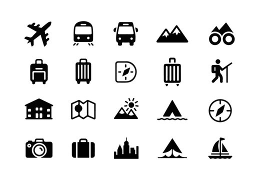 Travel And Tourism Black Icon Set Pack