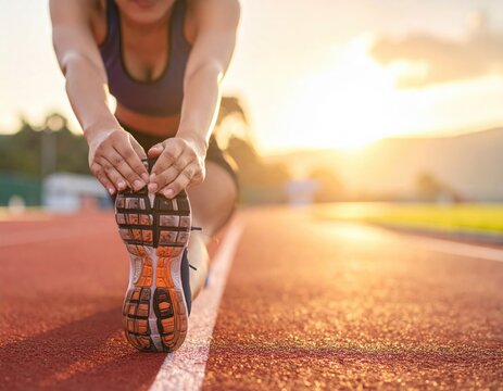 Early Morning Runner Stretching Before Training on Track Field