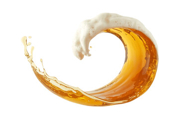 Dynamic golden beer splash frozen in motion forming a swirling wave with foamy head against a stark black background
