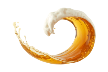 Dynamic golden beer splash frozen in motion forming a swirling wave with foamy head against a stark black background
