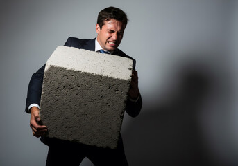 Businessman Carrying Heavy Concrete Block with Strained Expression