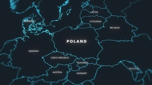 3D world digital glowing map animation of Poland.