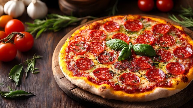 Perfectly baked pepperoni pizza with fresh basil and vibrant ingredients on a wooden board at a cozy kitchen setting