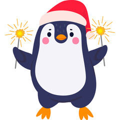 Cute Penguin Wearing Santa Hat Holding Sparklers With Transparent Background Festive And Cheerful Holiday Celebration