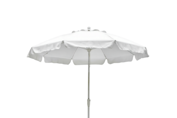 A classic white beach umbrella with a metal pole stands open against a stark black background ready for sun protection