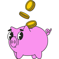 Cute Pink Piggy Bank With Falling Gold Coins On Transparent Background Saving Money Concept