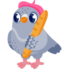 Cute Pixelated Pigeon Wearing A Pink Beret Holding A French Baguette On A Transparent Background
