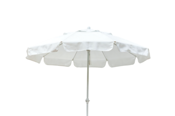 A clean white patio umbrella with scalloped edges casting a subtle shadow against a stark black background