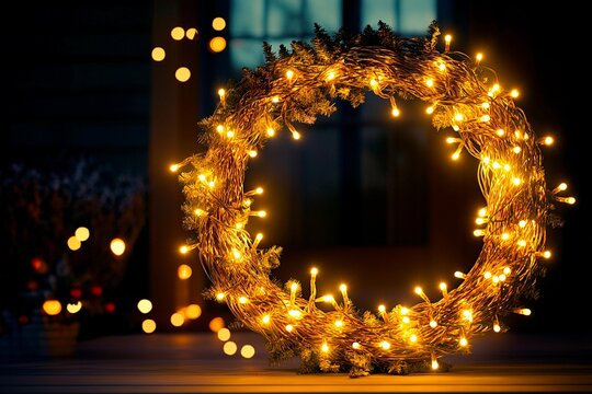 Twinkling fairy lights enhance a festive Christmas wreath on a cozy home entrance at night