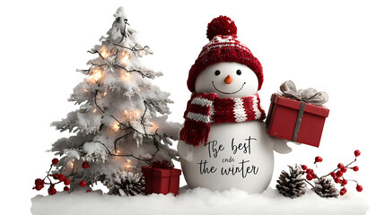 Festive 3D banner scene featuring a cheerful snowman holding a red gift with glowing Christmas lights on a white tree, symbolizing “the best gift of winter,” isolated on white background