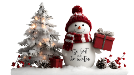 Festive 3D banner scene featuring a cheerful snowman holding a red gift with glowing Christmas lights on a white tree, symbolizing “the best gift of winter,” isolated on white background