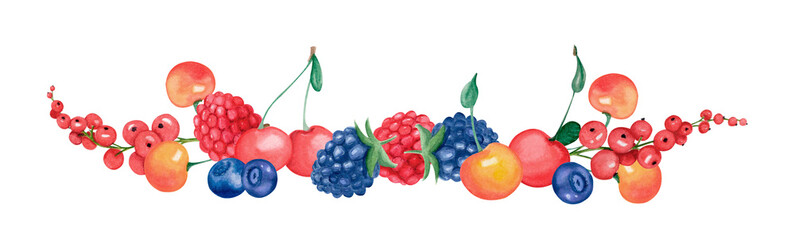 Watercolor isolated illustration of summer berries: cherries, raspberries, blackberries, blueberries, red currants. Fruit harvest border clip art for packaging, labels, kitchen decor and recipe books.