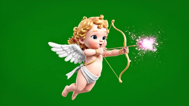 Animated 3D Cupid character flying with a bow and arrow on a green screen. Cute cherub aims a magical glowing heart arrow. Valentine's Day and love concept for chroma key