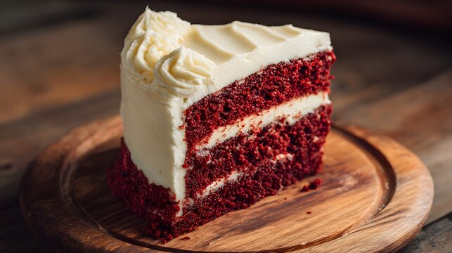 Slice of rich crimson layered dessert topped with creamy white frosting rests on a wooden surface