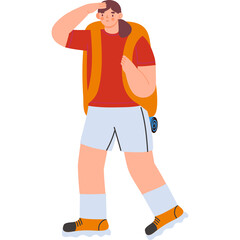 Person with Backpack Hiking Looking Ahead in Red Shirt and Blue Shorts with White Background Flat Design Illustration