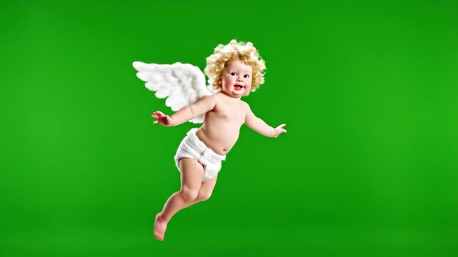 A cute baby angel with wings flying and waving. Animated cupid character on a green screen for chroma key. Valentine's Day and love concept