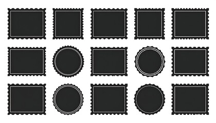 Collection of blank, stylized stamps in various shapes and designs