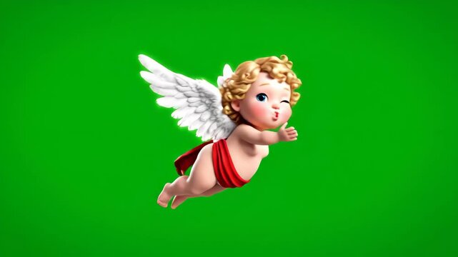 3D animated cupid character flying and blowing a kiss. Cute cherub angel with wings on a green screen background. Valentine's Day and love concept for chroma key