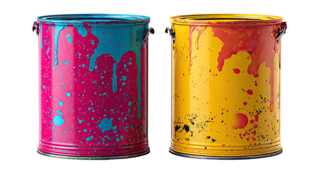 Two paint cans, fuchsia and yellow, overflowing with drips and splatters of contrasting colors