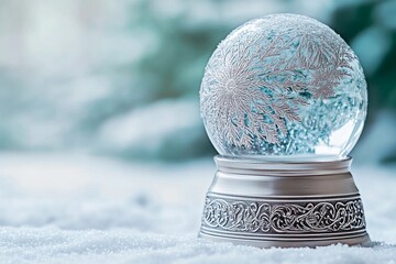 Engraved silver base snow globe featuring winter scene with trees and snowflakes